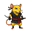 Yellow rat ninja in black gi with red sash, holding twin blades in a fighting stance.