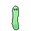 A pastel green slime creature with large eyes jumps, stretching and squashing its jelly-like body.
