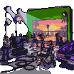 A music video set with crew members operating a cinema camera on a dolly, adjusting lights, and managing cables. A director's chair labeled "JOVEM NEGUIN" is in the foreground. To the right, the interior of a car glows with purple LED light. A green screen displays a tropical balcony at sunset in the background.