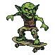 Mischievous green goblin with pointed ears and grimacing expression rides a skateboard in tattered clothing.