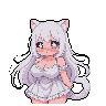 A shy, blushing neko girl with long white hair, fluffy white cat ears, and a fluffy white tail. She wears a short, frilly pastel dress and looks downwards with a timid expression.