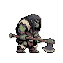 Muscular orc in a crouched combat stance, holding a large two-handed axe horizontally. It has yellow eyes, visible tusks, and a scowling expression. The orc is depicted against a solid olive-green background.