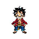 This pixel art depicts a determined Monkey D. Luffy striking a confident pose, his iconic outfit rendered in simple, nostalgic detail. His furrowed brow and wide eyes hint at his energetic and slightly exasperated personality.