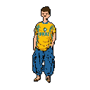 A male figure with brown skin and dark brown hair stands facing forward, wearing a bright yellow shirt with light blue stripes and a central light blue circle with yellow text. He has medium blue pants and both hands are in his pockets. The figure is centered against a plain peach background.