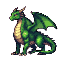 A majestic green dragon sits watchfully in this pixel art piece, its gaze turned upwards with an air of quiet power. The creature's cool green scales and pale underbelly stand out against a stark black background, emphasizing its regal presence.