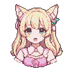 Anime character with blonde cat ears, pink dress, speaking.
