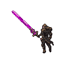 Pixel Art: hero is running with huge purple sword, still camera (generated with AI by pixie.haus).