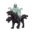 Spectral pale green ghost with tattered robes and grinning skull head rides a monstrous three-headed black dog with glowing red eyes and bared teeth.