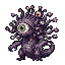 A pixelated, monstrous Beholder-like creature with a central eye and eyestalks floats, its purple and grey body contrasting with the bright green background. This retro-style fantasy image evokes a classic video game aesthetic with its unsettling, yet charming, design.