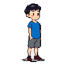 Young boy standing in profile, facing right, with a cheerful expression, wearing a royal blue shirt and grey shorts against a grey background.