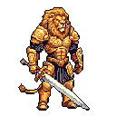 Anthropomorphic lion warrior in ornate golden armor, holding a large silver and gold two-handed sword.