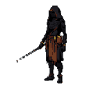 A mysterious, cloaked figure stands poised with a staff, their face hidden in shadow, hinting at arcane power. The pixel art character, clad in dark fabrics and leather, evokes a sense of foreboding.