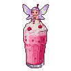 Pixie with lavender wings sips a pink strawberry milkshake topped with whipped cream and berries.