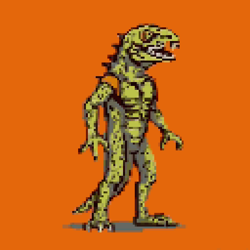 Humanoid lizard creature with sharp teeth, bony protrusions, and an orange harness, standing aggressively on a solid orange background.