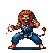Anthropomorphic lion-like creature in a fighting stance, with raised fist, fiery mane, and blue martial arts uniform.