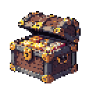 A pixel art treasure chest bursts open, revealing a glittering hoard of gold and gems. The richly detailed chest, adorned with ornate metalwork, promises untold riches and exciting adventures.