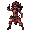Warrior woman in tribal armor and fur, poised and watchful.