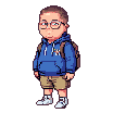 Young person with glasses, blue hoodie, khaki shorts, and backpack walking in pixel art.