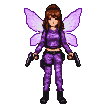 Whimsical pixie in shimmering purple attire juggles two pistols, lavender wings fluttering.