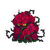 Menacing creature made of red roses and thorny vines, with glowing yellow eyes, advances to the right from darkness.