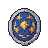 Collection of five legendary pixel art shields: blue with golden stars and celestial motif, green with golden lion's head, blue with golden eagle, red with golden phoenix and sapphire.
