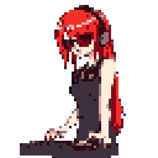 This pixel art features a stylish female DJ with bright red hair, leaning into her work with focused energy. Sunglasses and headphones complete her cool look as she mixes music on a dark, minimalist stage.