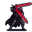 Menacing knight in dark segmented armor and flowing cape, sweeping attack with a vibrant, glowing red sword against a black background.