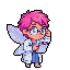 Pixie scientist with pink hair and blue spectacles, holding a clipboard and adjusting her lab coat, works with a bubbling flask of luminous purple and pink potion.