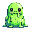A cute, amorphous green slime creature with large, expressive blue eyes and pink blush marks.