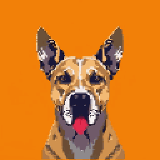 Close-up portrait of a tan, brown, and gray dog with perked ears and a pink tongue showing. The background is solid orange.