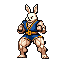 Muscular anthropomorphic rabbit character in a fighting stance, wearing a blue sleeveless tunic with yellow-orange trim and belt.