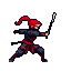 Fierce warrior in dark armor with red sashes, swinging a sword with a fiery red ponytail.