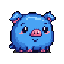 This pixel art features an adorable, round, blue pig-like creature with big, innocent eyes and playful pink accents. Standing against a plain backdrop, the stylized character exudes a charming and whimsical vibe.