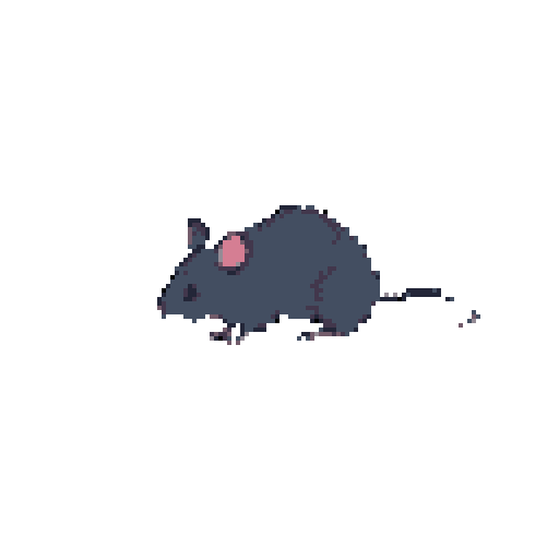 This pixel art features a solitary rat, rendered in muted grayish-purple with a bright pink ear, posed in a cautious side profile. The simple design and limited color palette create a somber yet engaging image.
