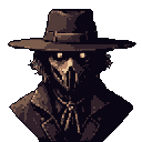 Head-and-shoulders portrait of a figure wearing a wide-brimmed fedora and a segmented, beak-like mask with sharp teeth. Bright white eyes contrast with shadowed face. Dark coat with cravat visible. Muted grayish-blue background.
