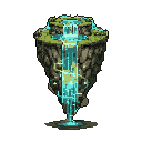 A floating island with a cascading cyan waterfall originating from a central pool, surrounded by lush green foliage and rugged grey and brown rock formations, set against a muted teal background.
