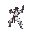 Monochromatic pixel art martial artist in white gi and dark belt, standing in a ready stance with fists clenched at chest height, subtly shifting weight.