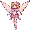 A delicate pixie with blonde hair and a pink bow hovers with feathered wings, wearing a frilly pink skirt and light top.