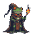 Mystical frog wizard in dark robes and pointed hat holds a flickering torch.