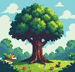 Lush green tree in a meadow with red flowers, a dog with a red bandana, and a rabbit under a blue sky with clouds.