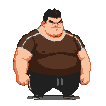 Burly pixelated fighter in a determined stance, fists clenched, wearing a brown t-shirt and dark shorts.