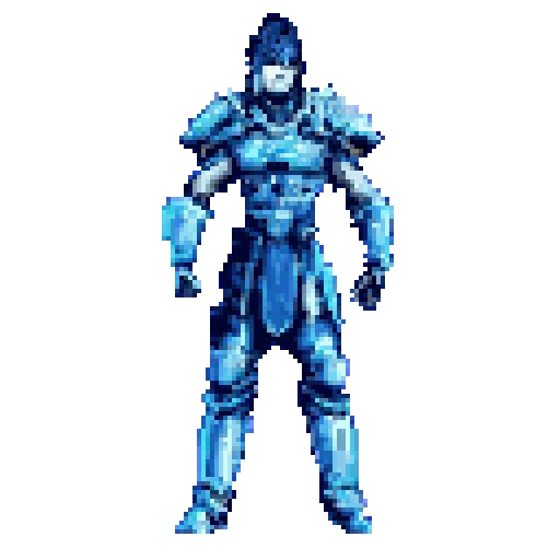 A stoic, imposing humanoid figure in full blue plate armor stands centered against a dark blue background.