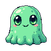 Translucent green slime creature with large dark eyes, rosy cheek blush, and undulating tentacle-like appendages.