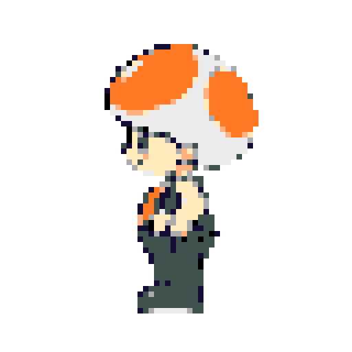 This pixel art image features Toad from the Mario series, rendered in a nostalgic 8-bit style. He stands inquisitively with his iconic mushroom cap, black vest and pants, against a contrasting dark grey background.