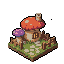A whimsical pixie village with mushroom-shaped homes and tree stump houses, connected by stone paths and surrounded by wooden fences.