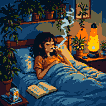 Young person with dark hair, propped up in bed, reads a book while smoking a cigarette. A blue duvet covers them. A lava lamp glows warmly. Potted plants are visible on a shelf above.
