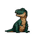 This pixel art depicts a charming, seated Tyrannosaurus Rex with sharp teeth and a slightly nostalgic feel. The earthy-toned dinosaur, rendered in a classic pixelated style, is captured mid-pose, looking forward with a hint of character.