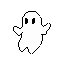 White pixel ghost with square eyes and wavy bottom, arms outstretched against a black background.