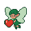 Pixie with pointed ears and a green tunic, mid-flight, holding a glowing red heart, with translucent wings.