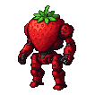A strawberry-headed robot dances with jerky, mechanical movements.